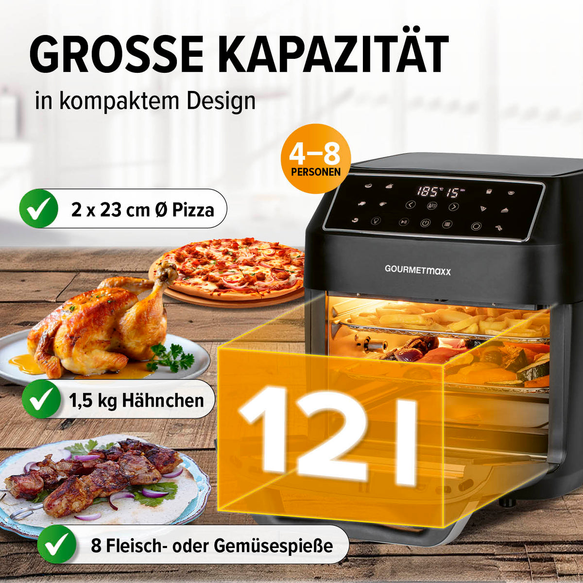 Digitale Heißluftfritteuse - 12 l mit großer Kapazität für 4-8 Personen,Pizza,Hähnchen und Fleischspieße im kompakten Design