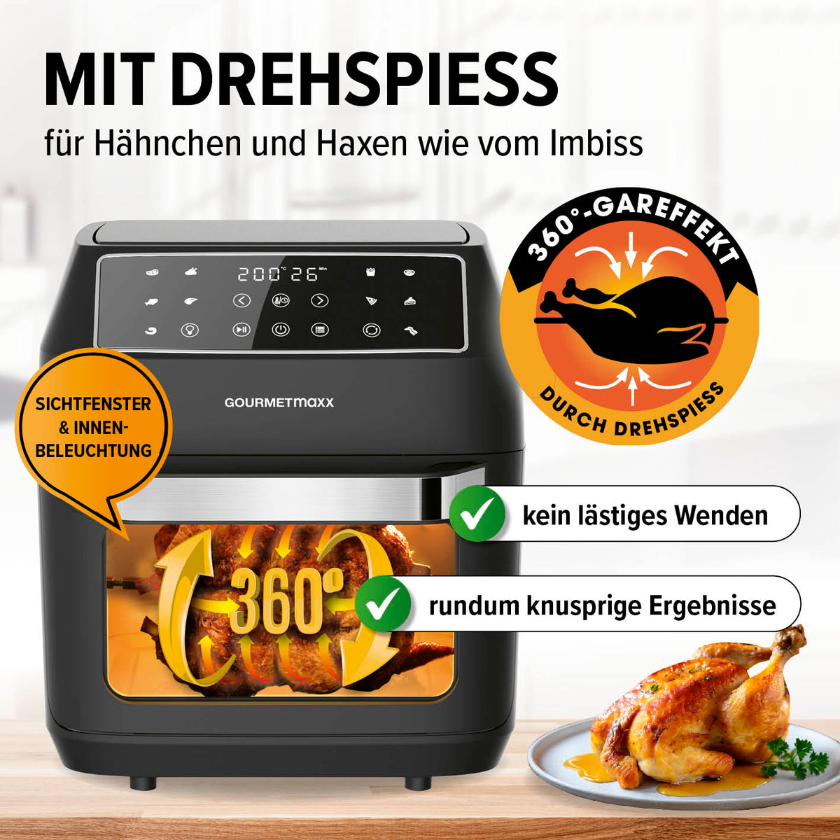 Digitale Heißluftfritteuse - 12 l mit Drehspieß, 360°-Gareffekt, Sichtfenster und Innenbeleuchtung für knusprige Ergebnisse ohne Wenden.