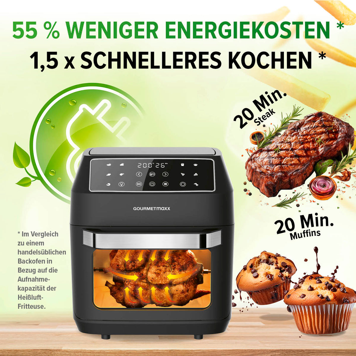 Digitale Heißluftfritteuse - 12 l mit 55 % weniger Energiekosten, schnellerem Kochen und vielfältigen Programmen für gesundes Fettarmfrittieren.
