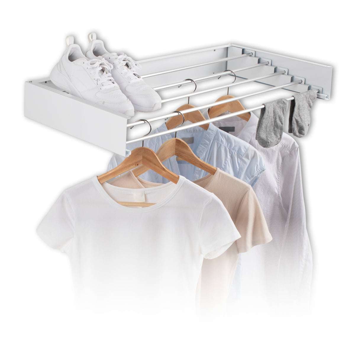 Wandwäschetrockner 400 mit 4 Trockenstangen, platzsparend, faltbar, ideal für Wäsche und Schuhe in kleinen Räumen und auf Balkonen.