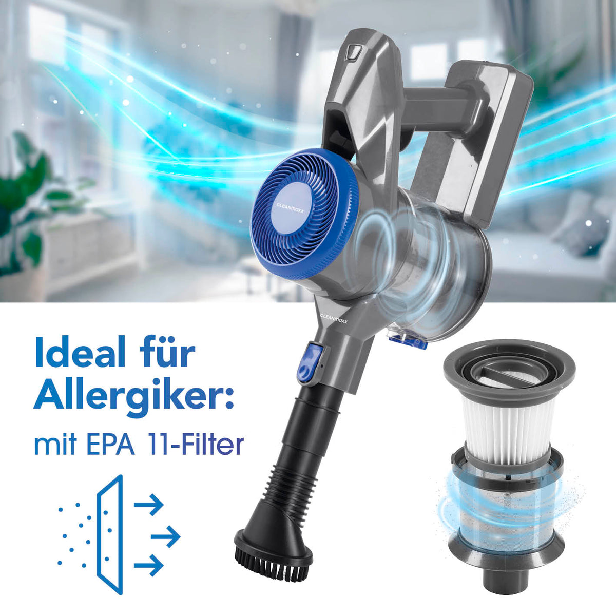 Akku-Hand- & Bodenstaubsauger - anthrazit/blau mit EPA 11-Filter, kabellos, Zyklonstaubsauger, Saugkraft-Regulierung, Wandhalterung.