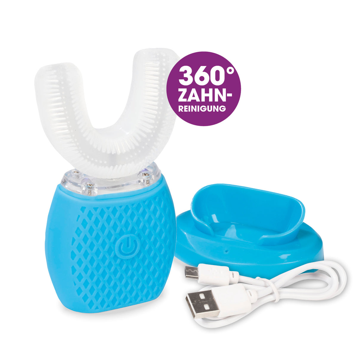 360° Schall-Zahnbürste mit LED-Blaulicht & Vibration mit Mundstück, Ladestation, USB-Kabel und Aufbewahrungsschale