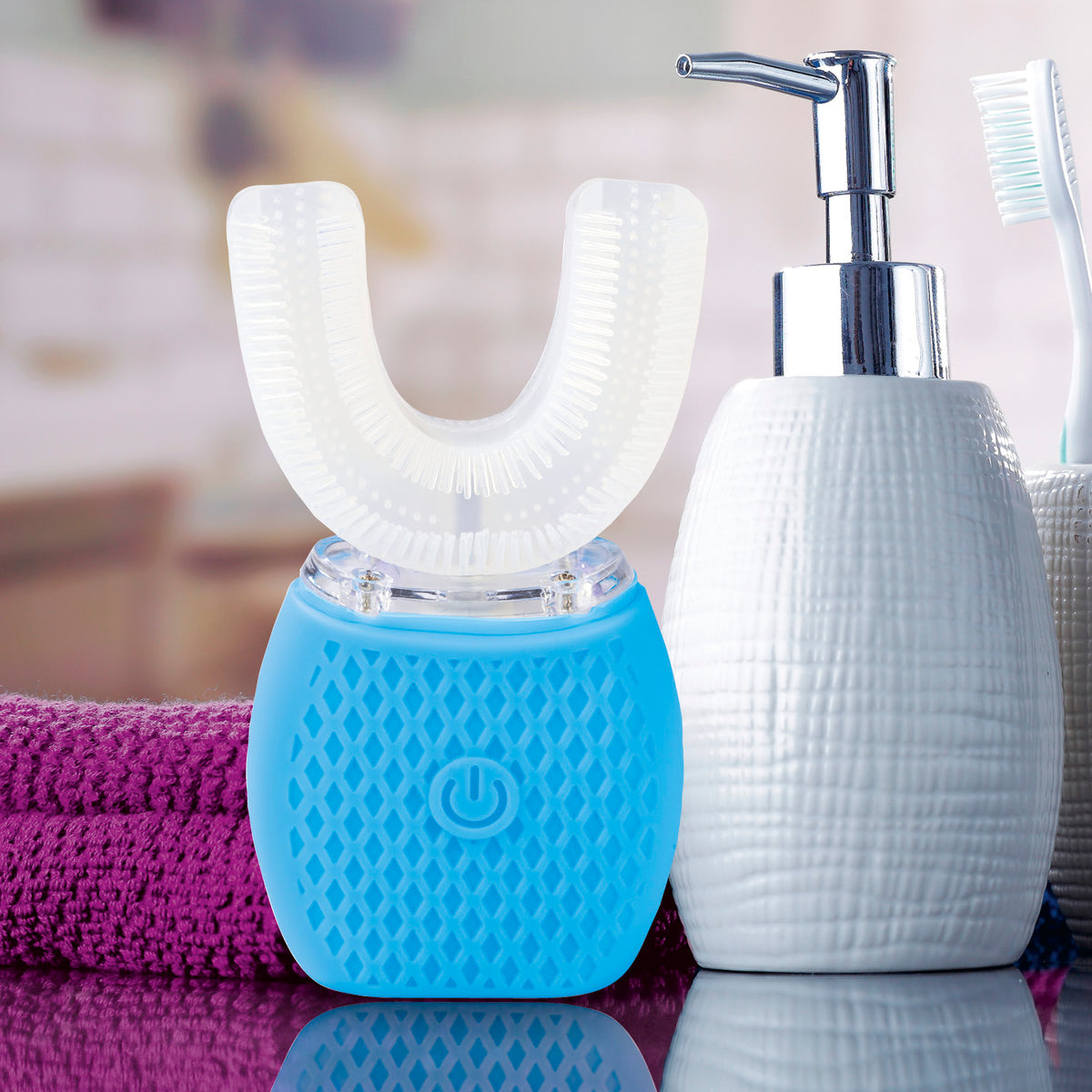 360° Schall-Zahnbürste mit LED-Blaulicht & Vibration mit U-förmigem Bürstenkopf im Badezimmer