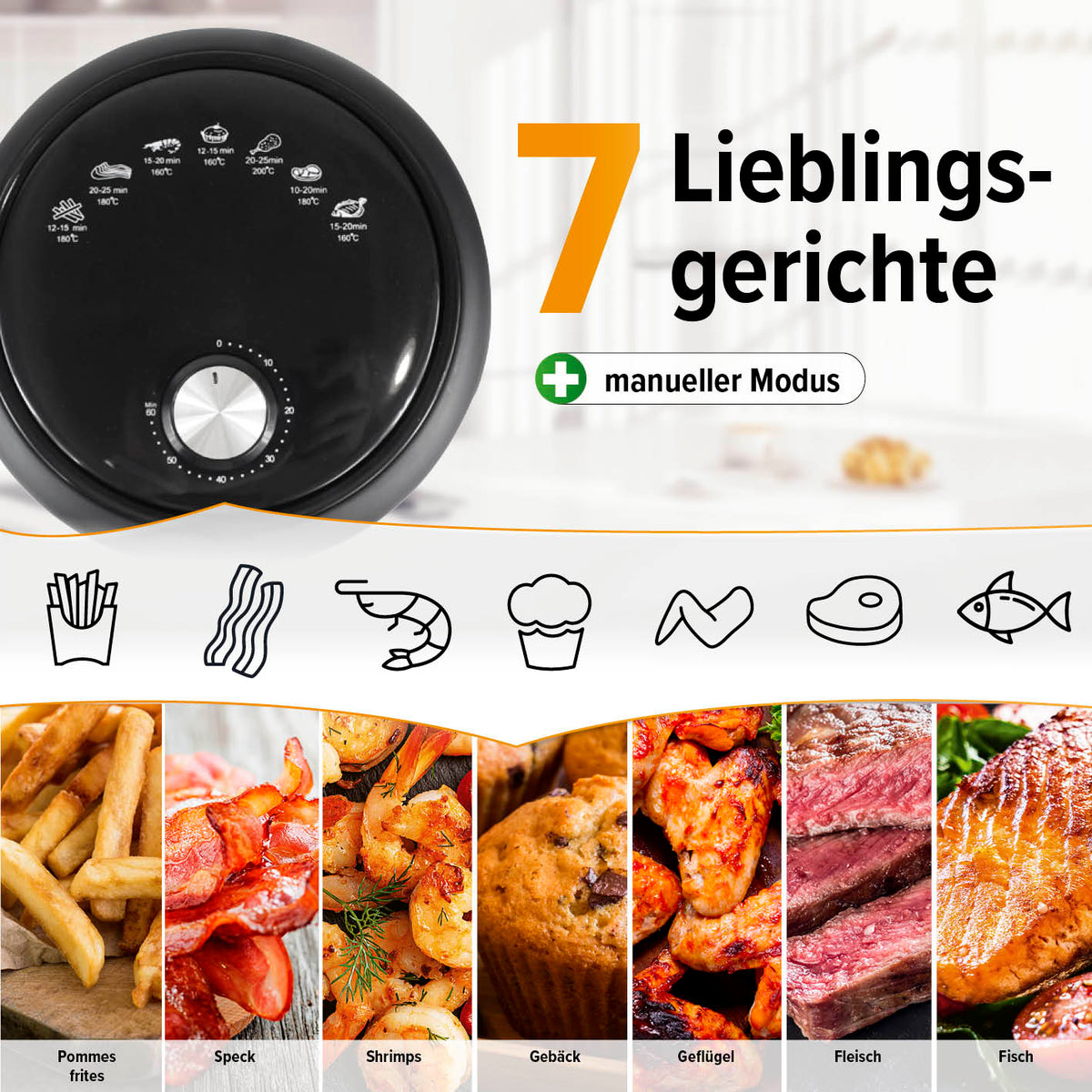 Heißluftfritteuse - 2,3 l mit 7 Lieblingsgerichten, manueller Modus und 8 Funktionen für fettarmes Frittieren und schnelles Garen.