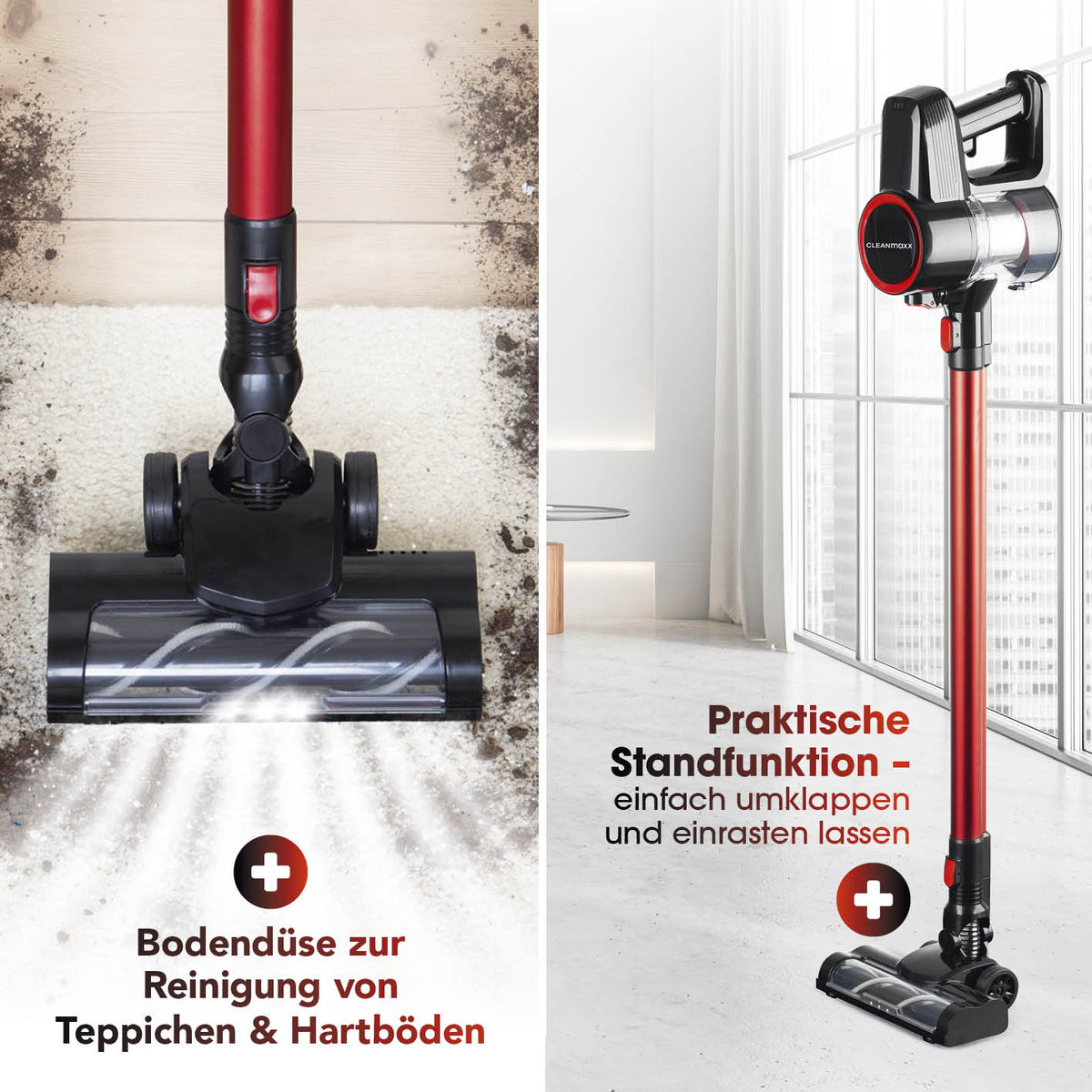 Akku-Zyklon-Staubsauger mit elektr. Bodendüse, kabellos, kraftvoll, mit praktischem Standfuß und Bodendüse für Teppich und Hartboden.