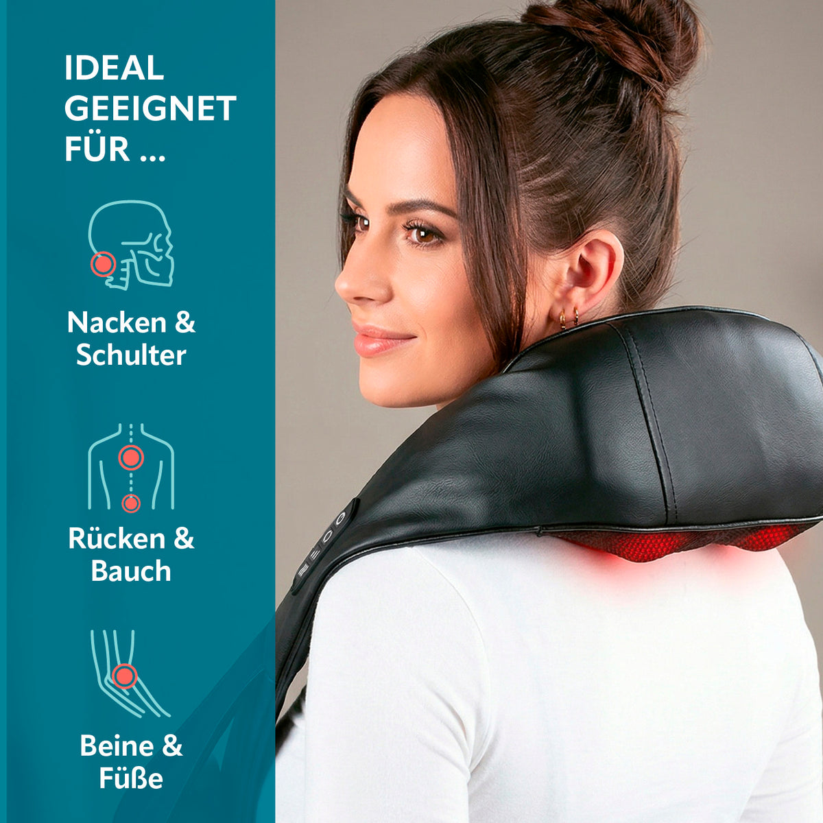 Shiatsu-Massagegerät mit 8 Massagebällen für Nacken, Schultern, Rücken, Bauch sowie Beine und Füße mit rotierender Wärmefunktion.