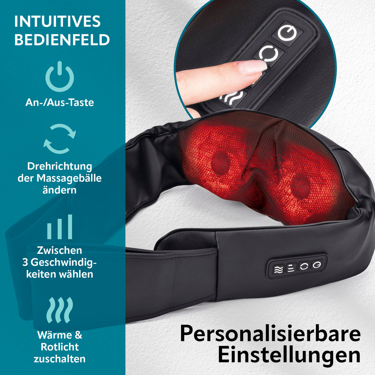 Shiatsu-Massagegerät mit 8 Massagebällen zeigt rotierende Massageköpfe mit Wärmefunktion und Bedienfeld zur Anpassung von Geschwindigkeit und Drehrichtung.