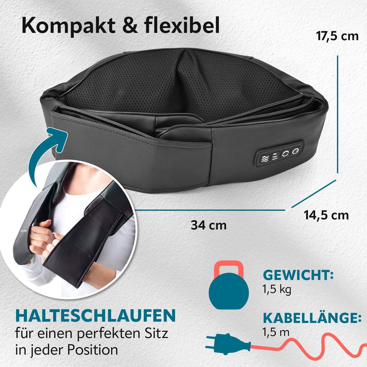 Shiatsu-Massagegerät mit 8 Massagebällen zeigt kompaktes, flexibles Design mit Halteschlaufen für optimalen Sitz in verschiedenen Positionen.