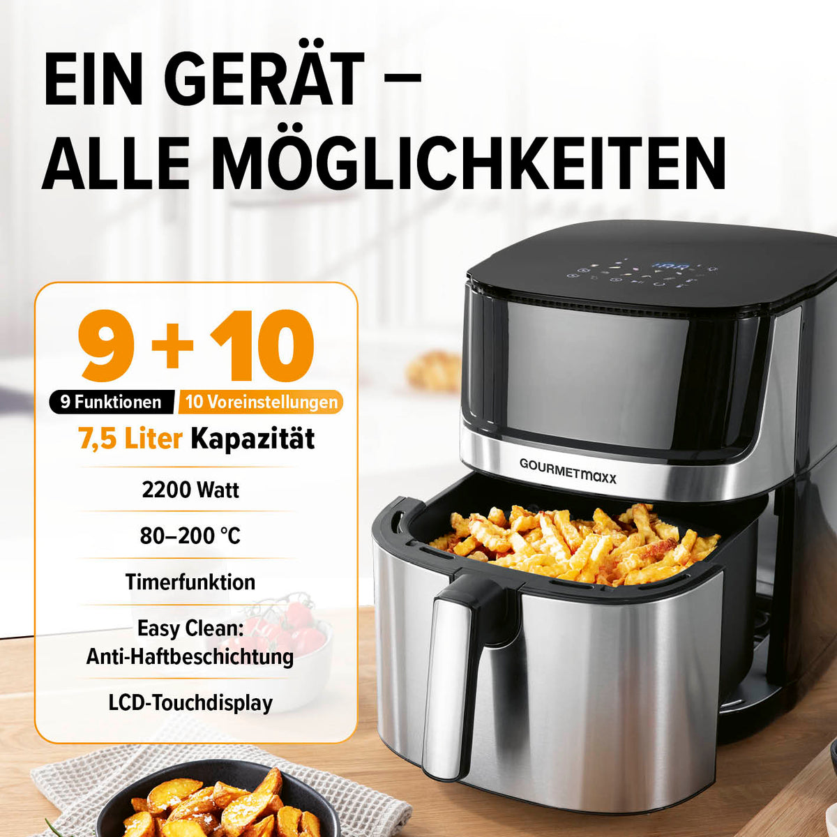 Heißluftfritteuse - 7,5 l mit 9 Funktionen, 10 Programmen, 2200 W, 7,5 Liter Kapazität und LCD-Touchdisplay.
