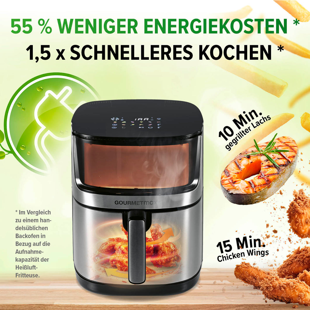 Heißluftfritteuse - 7,5 l mit 2200 W, 360° Luftzirkulation, schnellerer Garzeit und energiesparender Technologie.