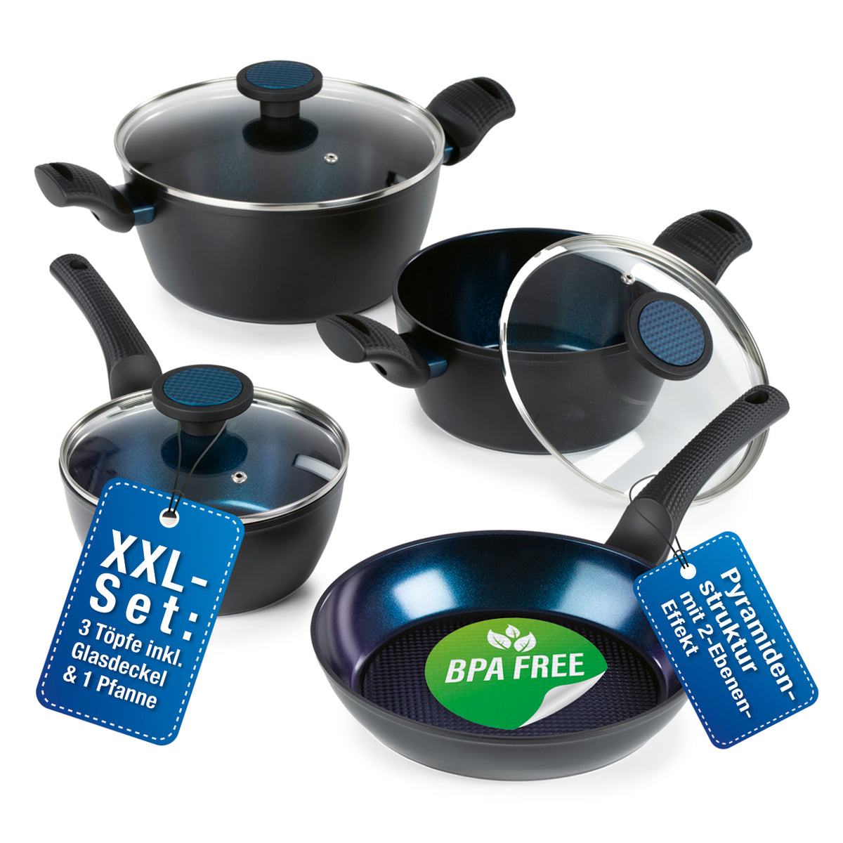 Koch- und Bratset mit 3 Alu-Töpfen, Glasdeckeln und 1 Pfanne, antihaftbeschichtet, fettarmes Braten, BPA-frei, soft-touch Griffe.