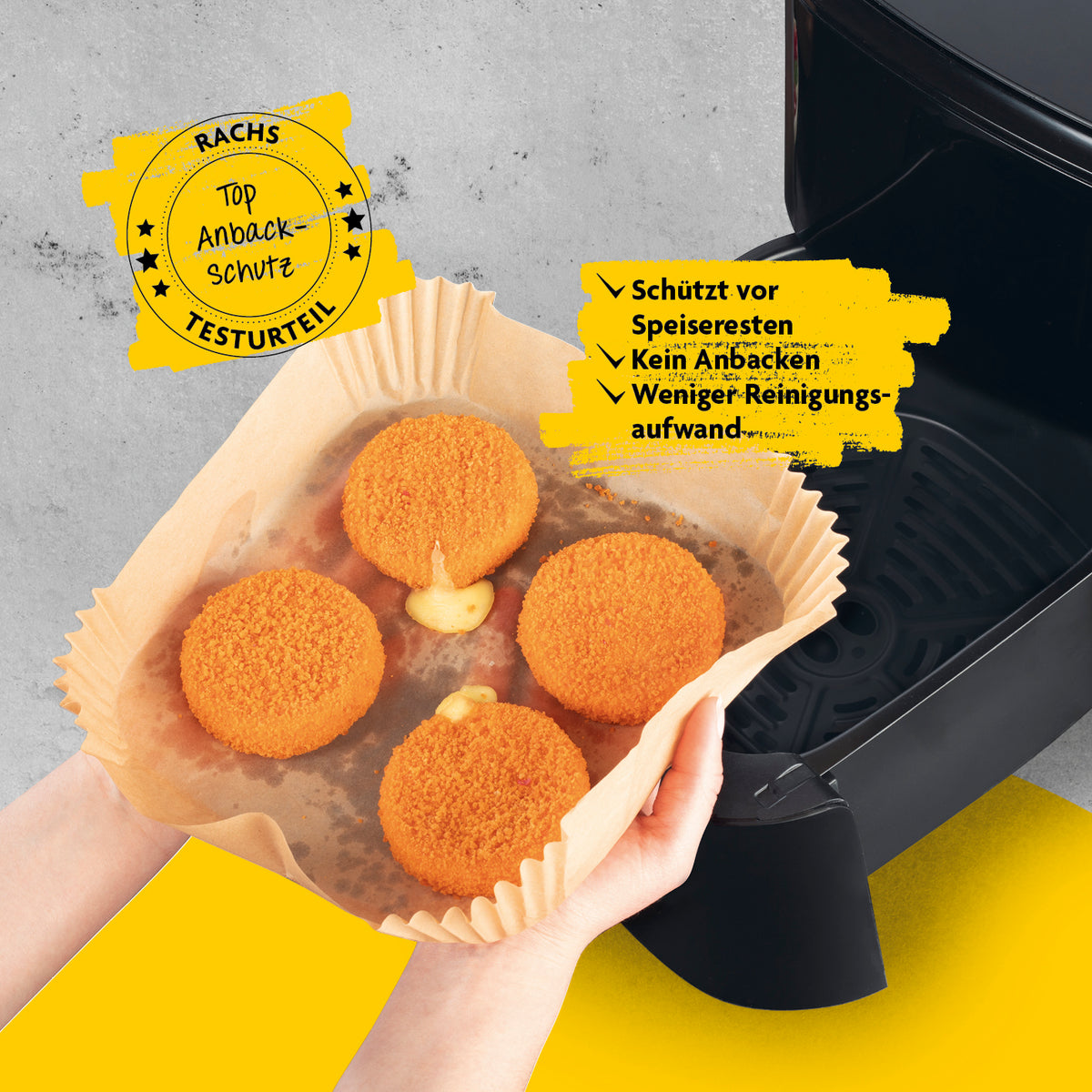 Backpapierschalen für Heißluftfritteuse 2-5 Liter - 200 Stück – 16 x 16 x 4,5 cm mit panierten Bällchen in Heißluftfritteuse