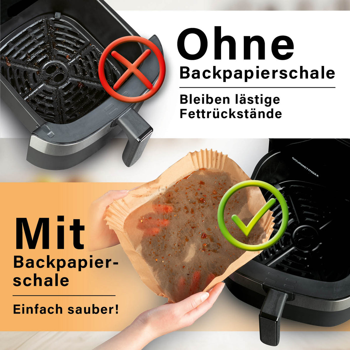 Backpapierschalen für Heißluftfritteusen (5–8 l) - 100 Stück im Vergleich ohne und mit Backpapierschale
