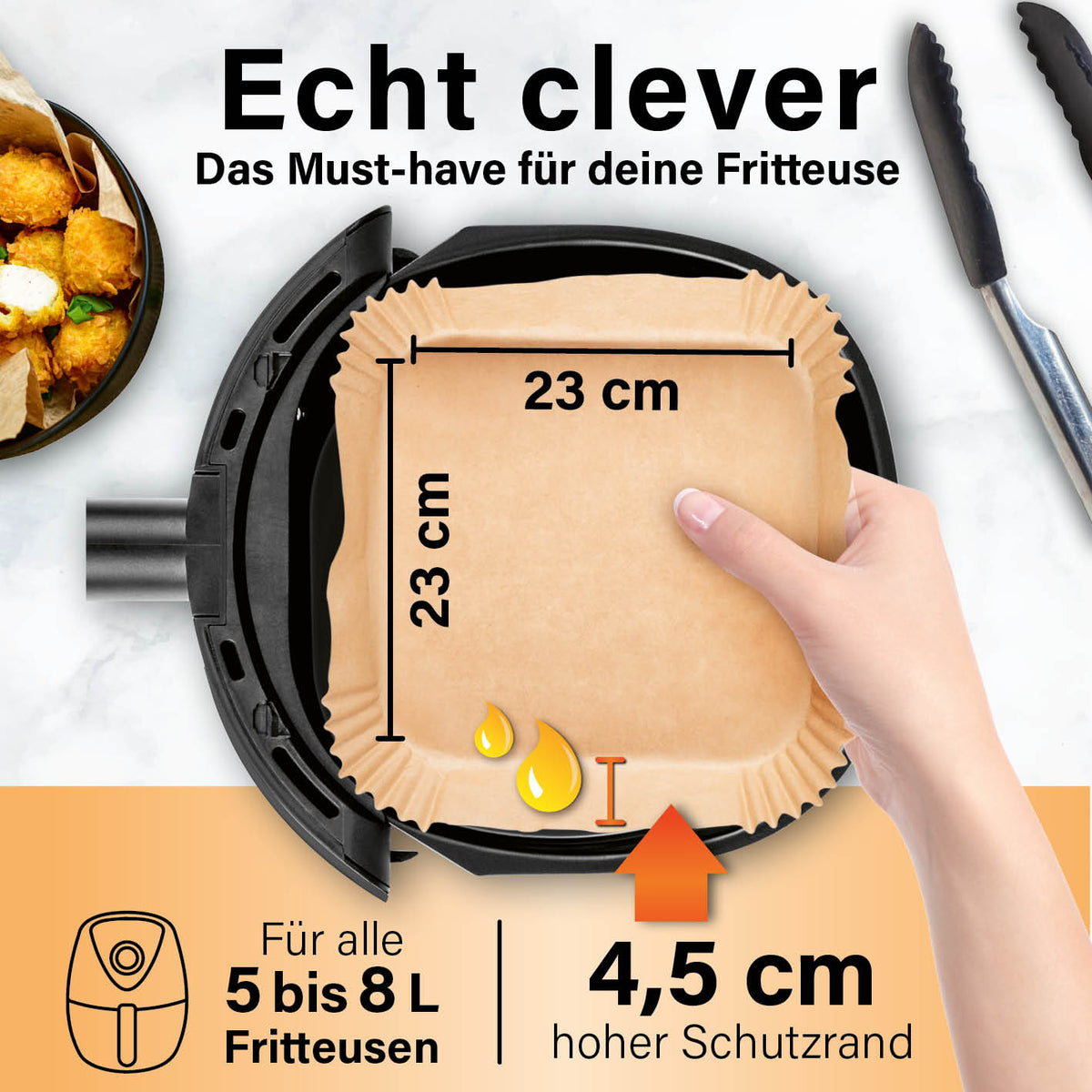 Maßdiagramm Backpapierschalen für Heißluftfritteusen (5–8 l) - 100 Stück mit 23 cm Seitenlänge und hohem Schutzrand