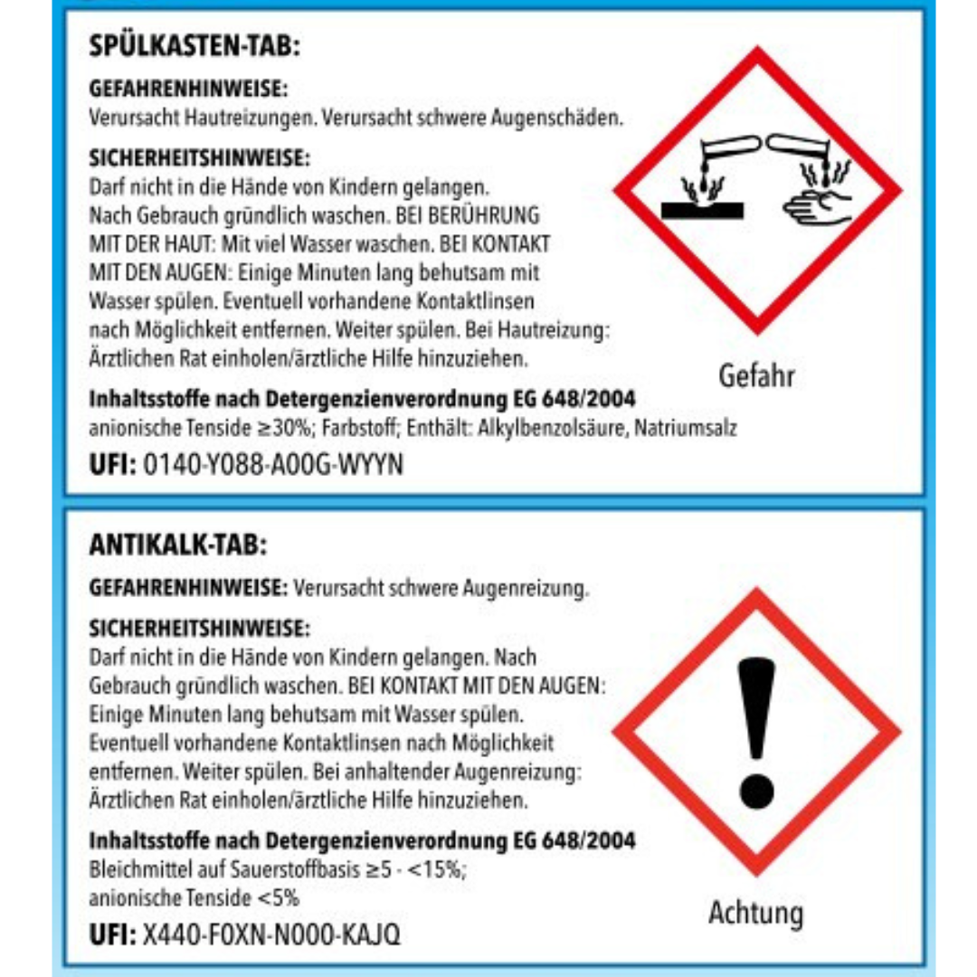 WC-Star Spülkasten-Hygiene-Set (1x Spülkasten-Einhänger + 2x Spülkasten-Tab + 1x Antikalk-Tab) Warnhinweise und Sicherheitshinweise.