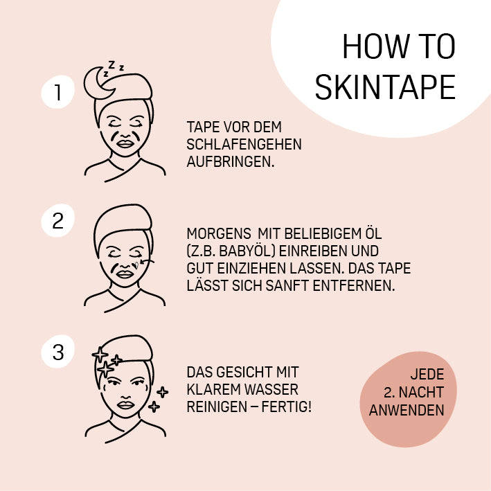 Anleitung zur Anwendung des Hyaluron-Skintape "Smile Tape" für eine glatte, jugendliche Haut über Nacht.