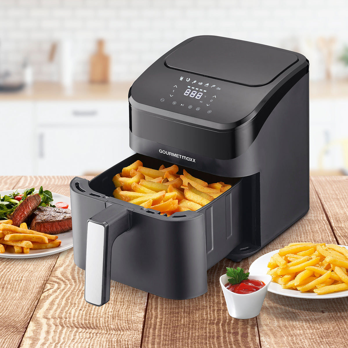 GOURMETmaxx Heißluft-Fritteuse Digital 4l 1400W schwarz mit digitalem Display und herausnehmbarem Korb, frittiert Pommes fettarm und knusprig.
