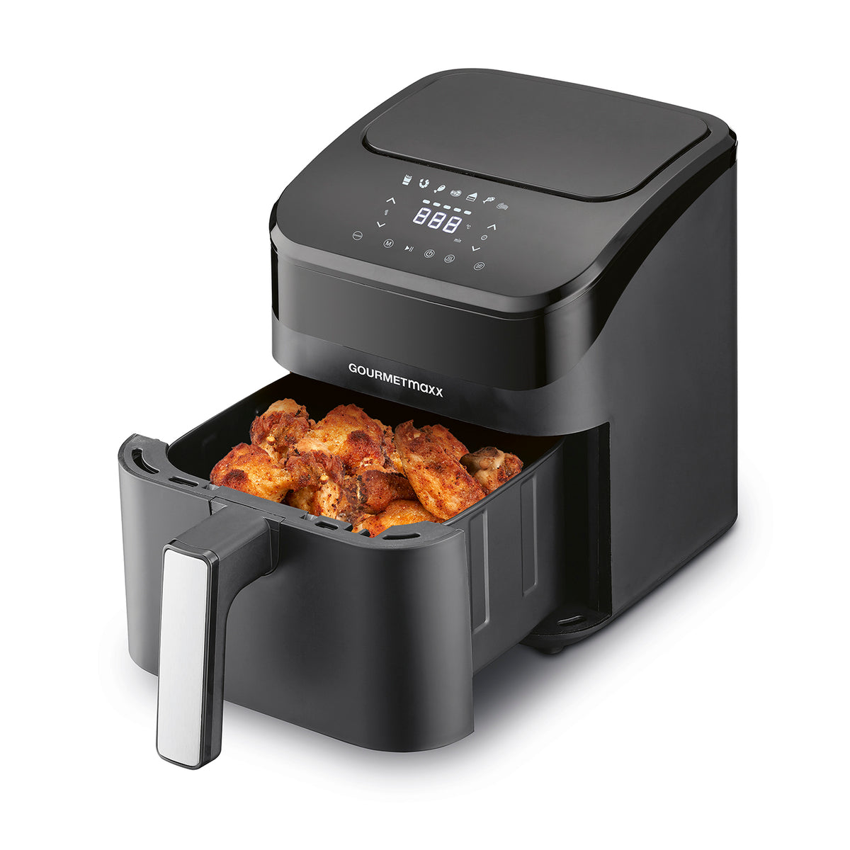 GOURMETmaxx Heißluft-Fritteuse Digital 4l 1400W schwarz mit offenem Frittierkorb und knusprigen, goldbraunen Hähnchenstücken.
