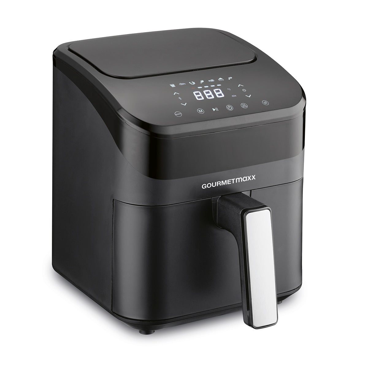 Moderne GOURMETmaxx Heißluft-Fritteuse Digital 4l 1400W schwarz mit Touch-Bedienfeld und herausnehmbarem Korb für fettarmes Kochen.