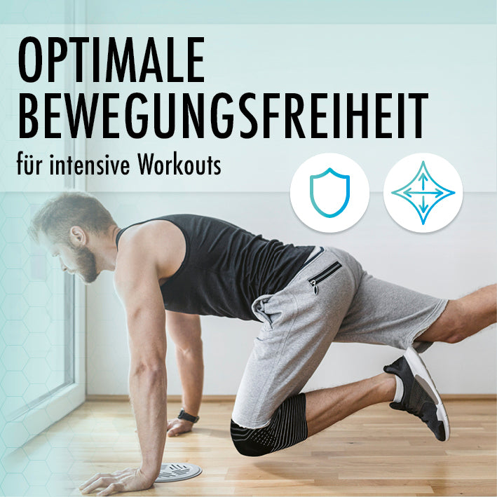 Sportler trainiert auf dem Boden mit Knie-Bandage mit Kupferfasern und Carbon, die optimale Bewegungsfreiheit bietet.
