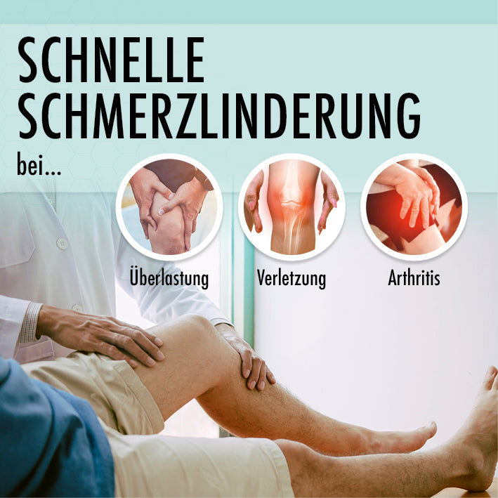 Patient erhält Untersuchung am Knie zur schnellen Schmerzlinderung bei Überlastung, Verletzung oder Arthritis mit Knie-Bandage mit Kupferfasern und Carbon.