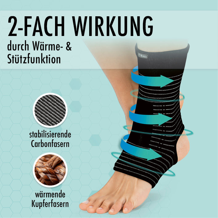 Knöchel-Bandage mit Kupferfasern & Carbon sorgt für Wärme und stabilisierende Unterstützung bei Gelenkproblemen am Fußgelenk.