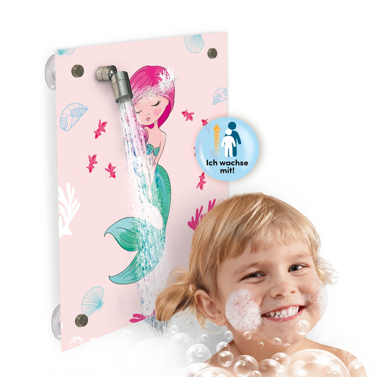 Kinderdusche Meerjungfrau mit farbenfrohem Motiv, einfache Montage ohne Bohren, fördert selbstständiges Duschen bei Kindern.