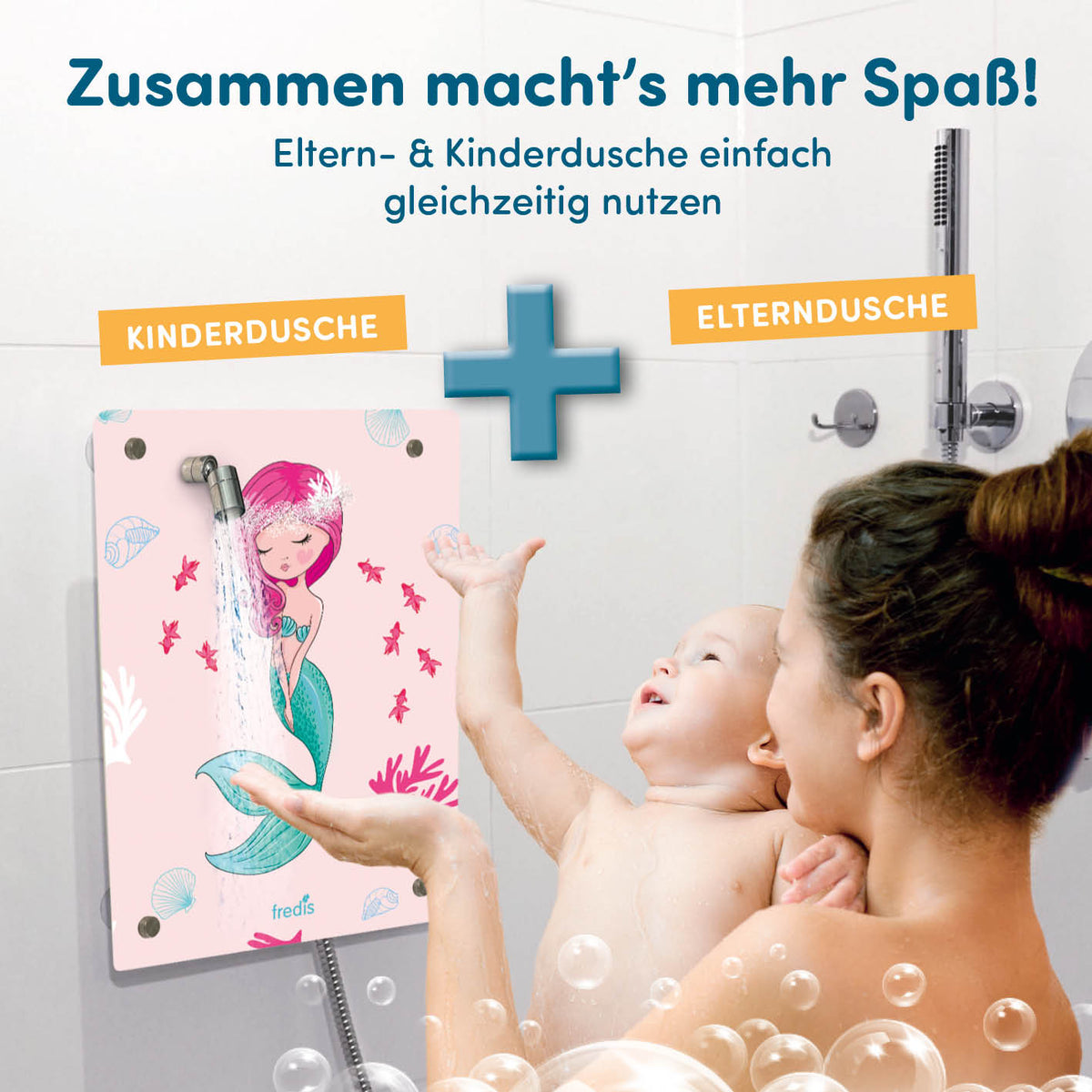 Kinderdusche Meerjungfrau mit Saugnäpfen, zeigt spielerisches Duschen für Kinder, einfache Montage ohne Bohren, mit Umschaltventil für Eltern- und Kinderdusche.
