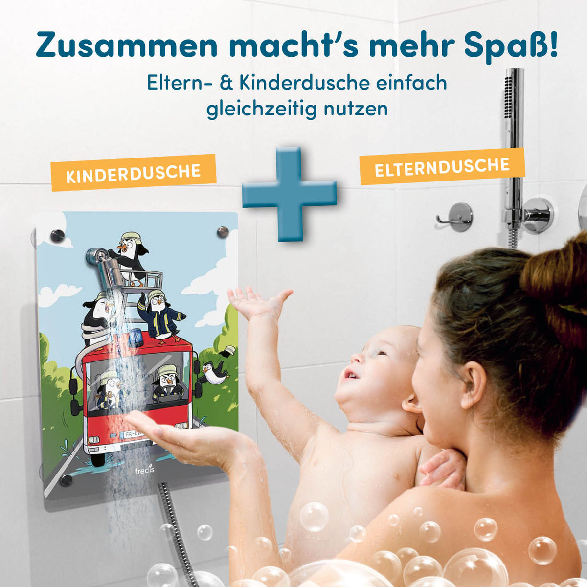 Kinderdusche Feuerwehr mit Saugnäpfen, Motiv-Platte und umschaltbarem Ventil für kinderfreundliches Duschen mit Eltern-Dusche.