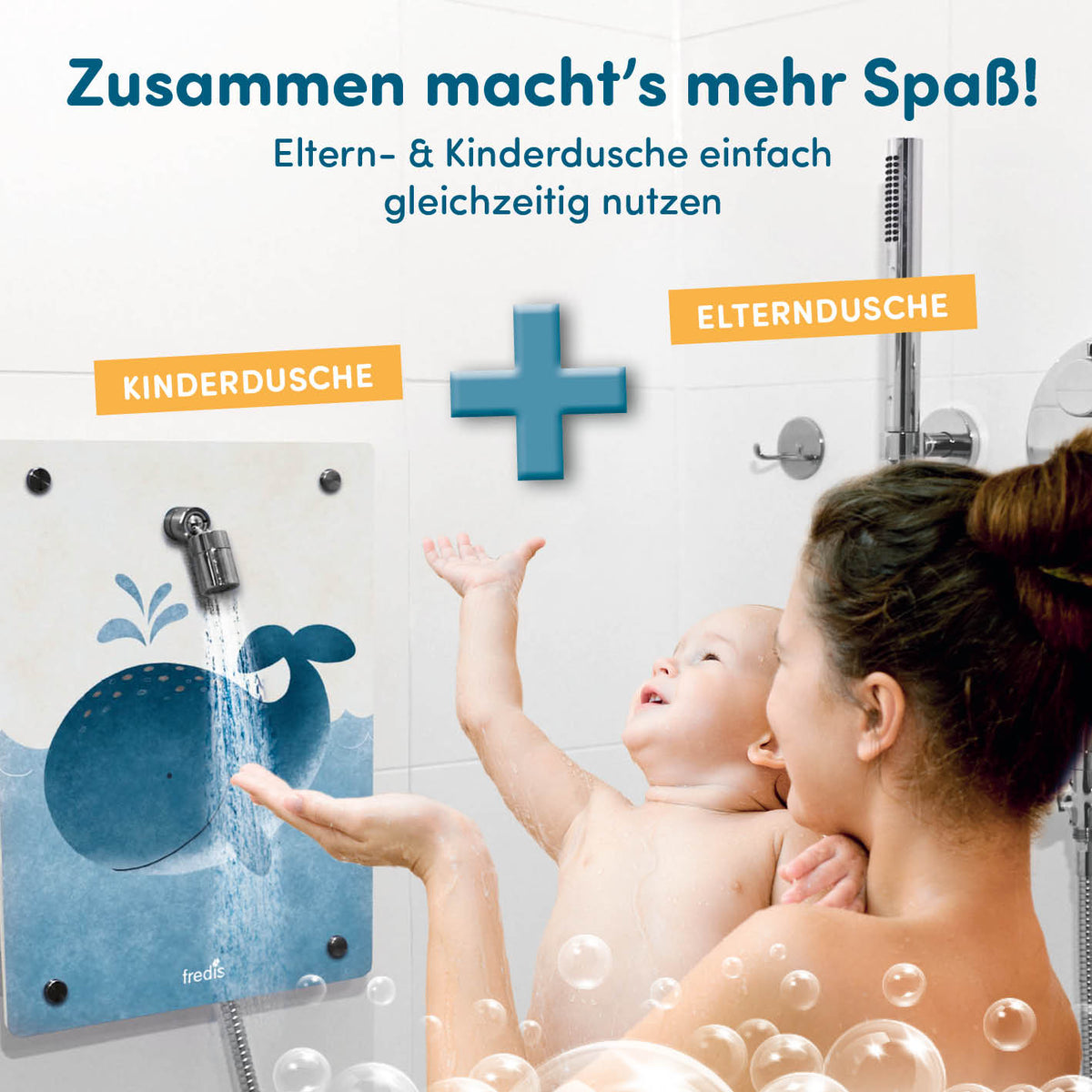 Kinderdusche Wal mit Saugnäpfen für Kinder, separat oder gleichzeitig mit Erwachsenendusche nutzbar, spielerisch und höhenverstellbar.