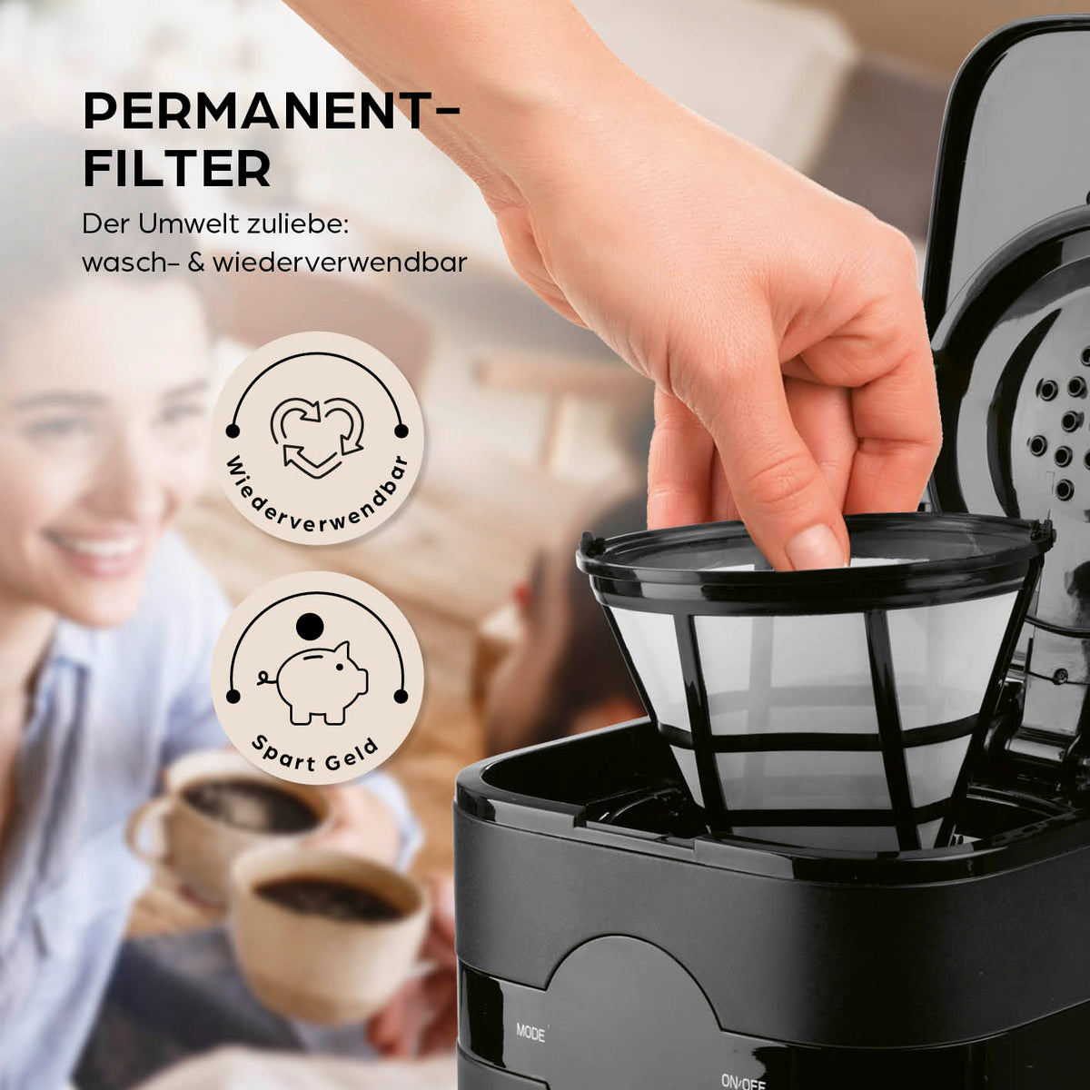 Filterkaffeemaschine Touch Iso - Schwarz mit waschbarem Permanentfilter und praktischem LED-Touchdisplay für individuellen Kaffeegenuss.