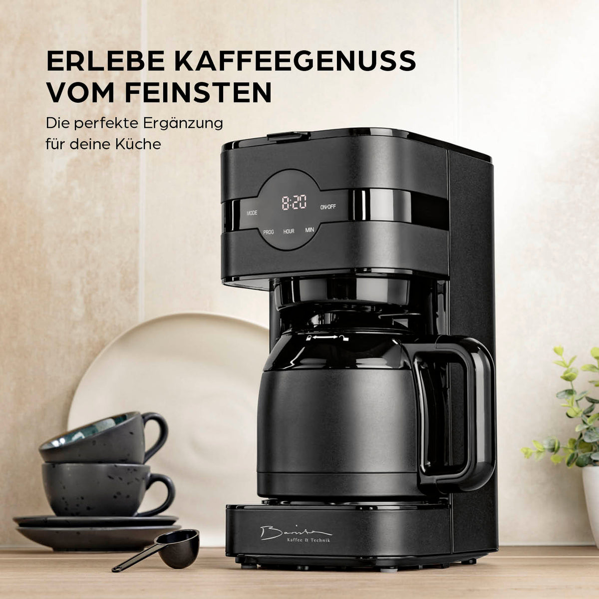 Filterkaffeemaschine Touch Iso - Schwarz mit Timerfunktion, LED-Touchdisplay und doppelwandiger Edelstahl-Isolierkanne.