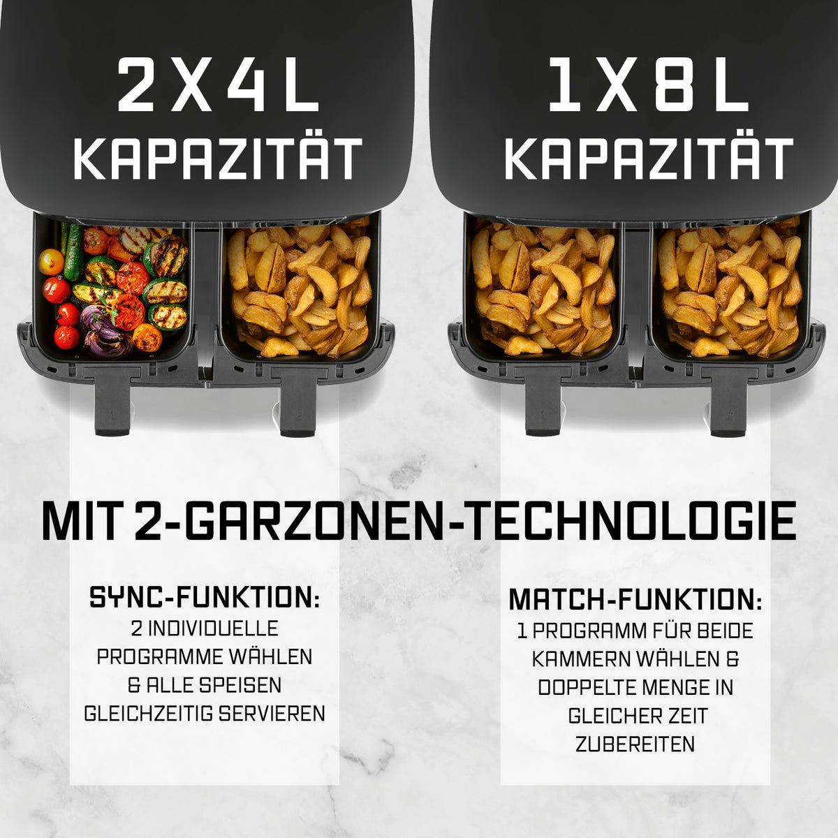 Doppelkammer-Heißluftfritteuse - 2x 4 l mit 2 Garzonen für fettreduziertes, gleichzeitiges und vielseitiges Frittieren verschiedener Speisen.