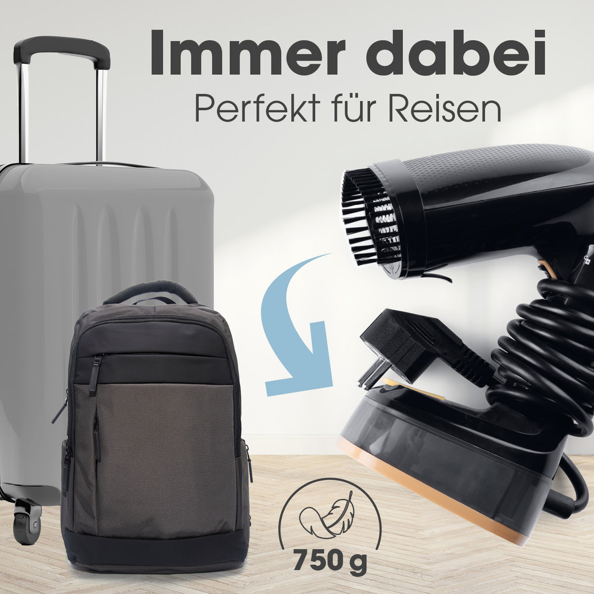 Dampfbürste kompakt und faltbar, ideal für Reisen, leichtes Gewicht 750 g, sorgt schnell für glatte Kleidung unterwegs.