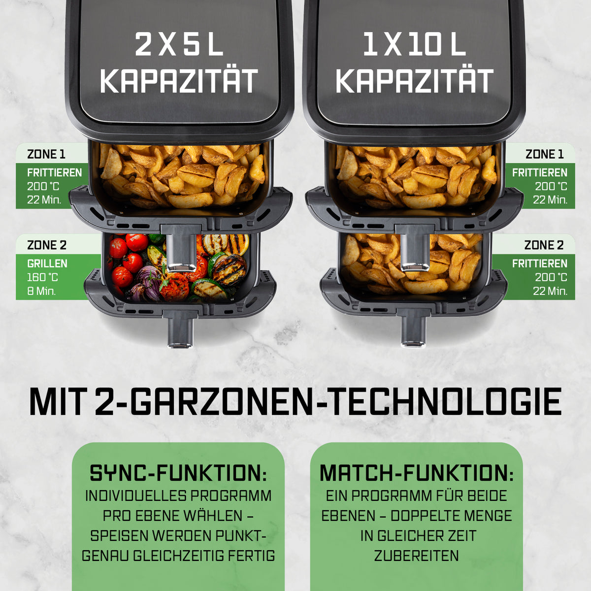 FryUp Vertikale Doppelkammer-Heißluftfritteuse 2x 5 L mit 2 Garzonen-Technologie und 10 L Kapazität für effizientes Kochen.