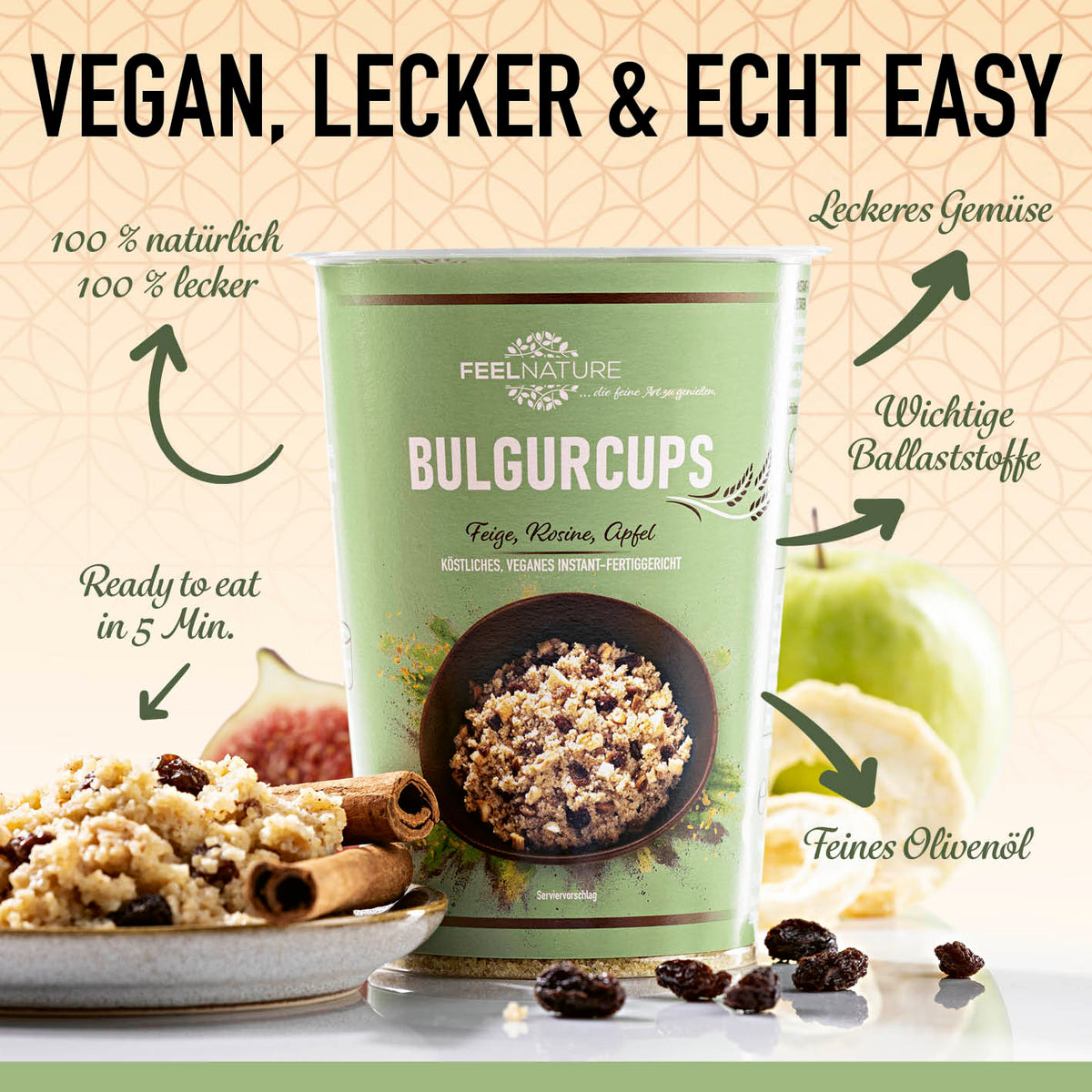 Bulgurcups - 6x Subtropical mit Feige, Rosine & Apfel, vegan, ballaststoffreich, natürlich und in 5 Minuten fertig.