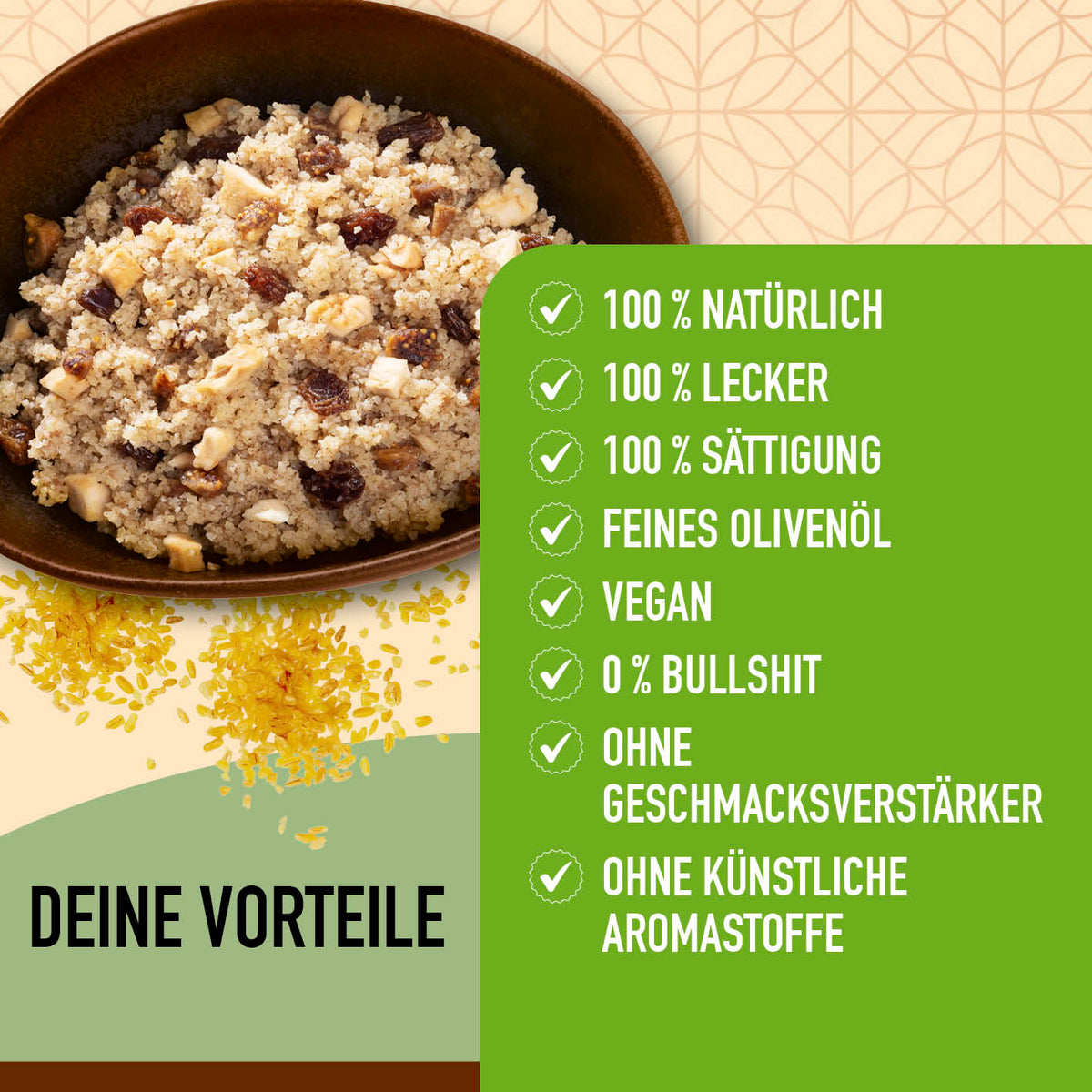 Bulgurcups - 6x Subtropical mit Feige, Rosine & Apfel, vegan, natürlich, ohne Geschmacksverstärker und künstliche Aromastoffe.