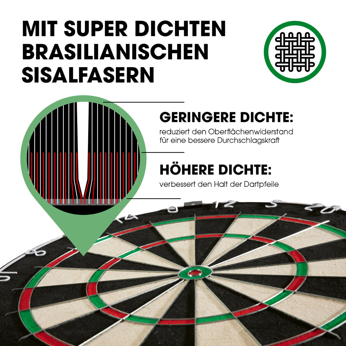 Sisal-Dartscheibe mit brasilianischen Sisalfasern für besseren Halt, weniger Löcher und verbessertes Spielerlebnis.