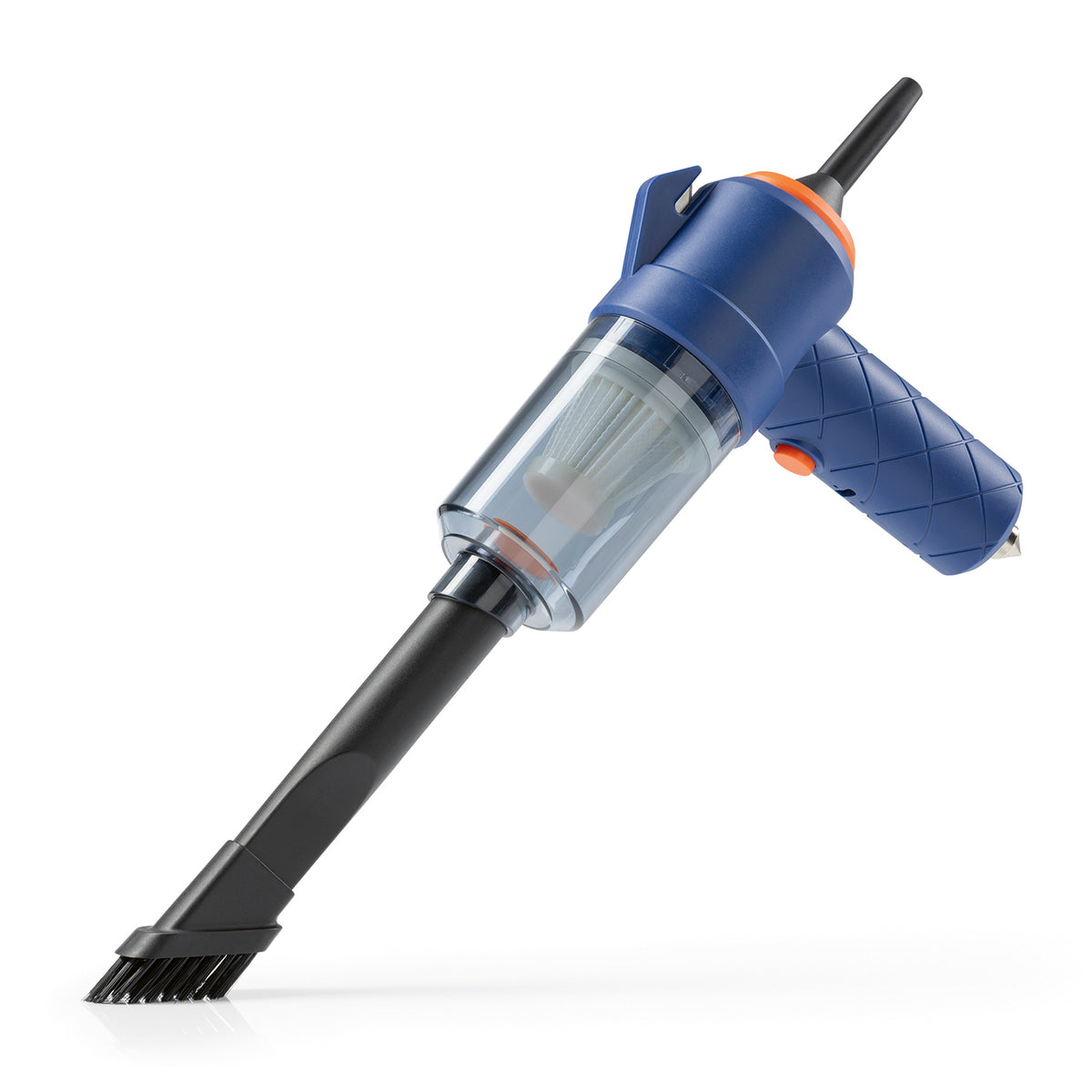 3-in-1-Akkusauger - Blau/Orange mit transparentem Staubbehälter und Bürstenaufsatz