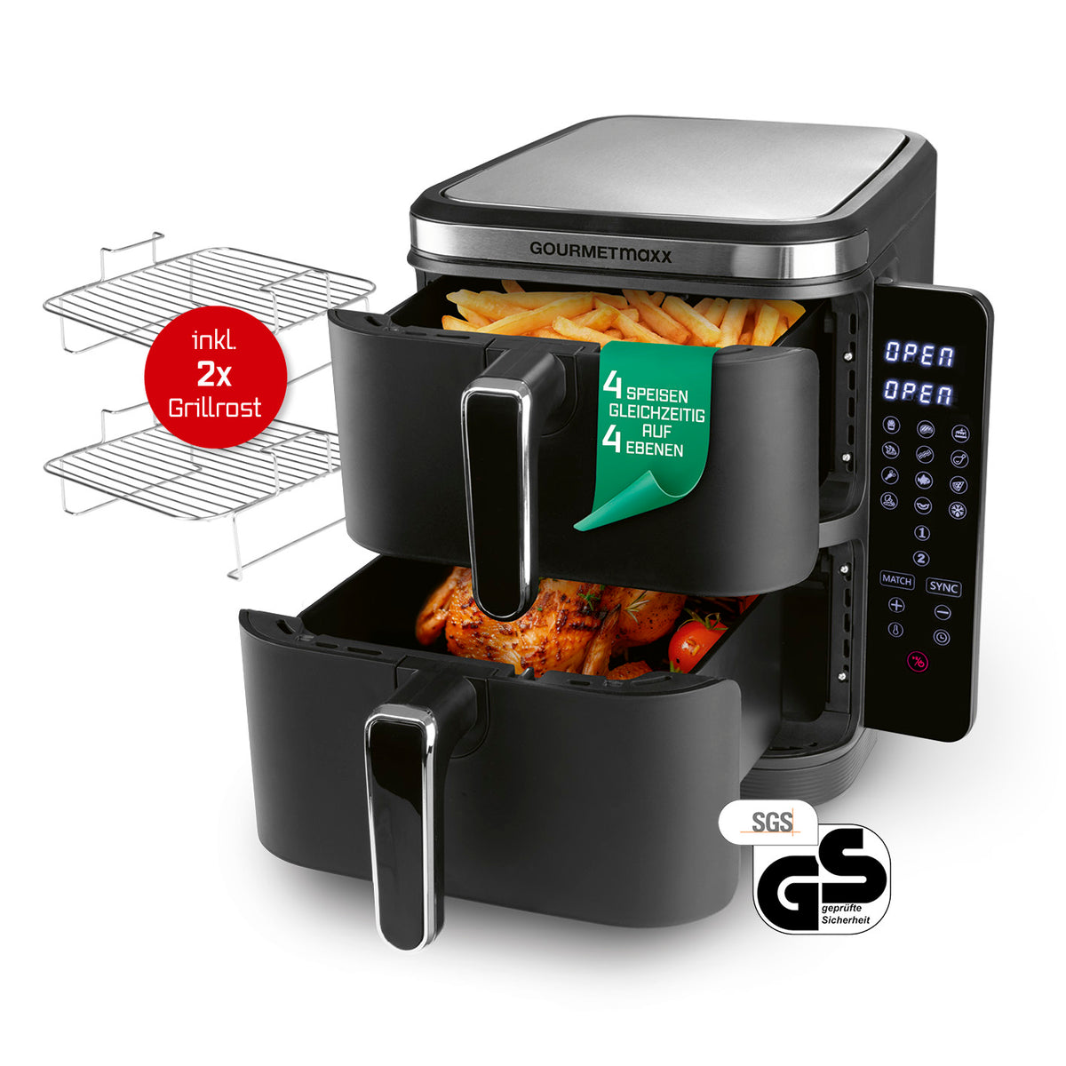 FryUp Vertikale Doppelkammer-Heißluftfritteuse - 2x 5 l mit 4 Ebenen, 2 Grillrosten und getrennten Garzonen für effizientes Kochen.