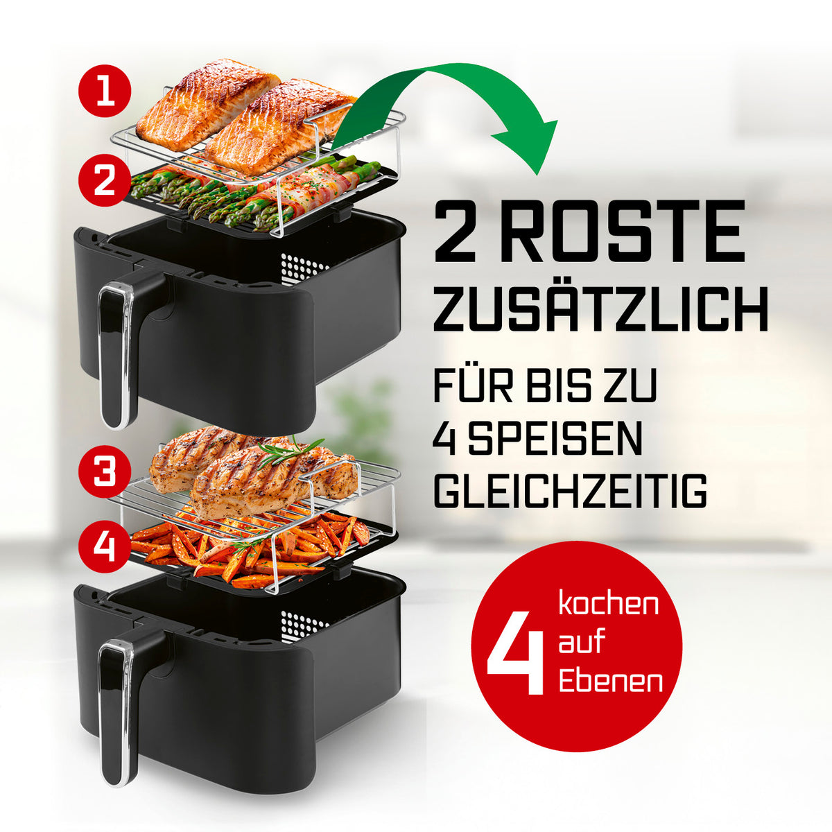 FryUp Vertikale Doppelkammer-Heißluftfritteuse - 2x 5 l mit 2 zusätzlichen Rosten für bis zu 4 Speisen gleichzeitig auf 4 Ebenen.