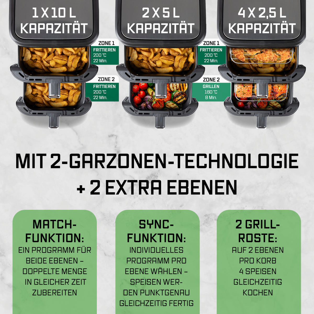 FryUp Vertikale Doppelkammer-Heißluftfritteuse - 2x 5 l mit 2-Garzonen-Technologie, 2 Grillrosten und 10 l Kapazität für flexible Zubereitung.