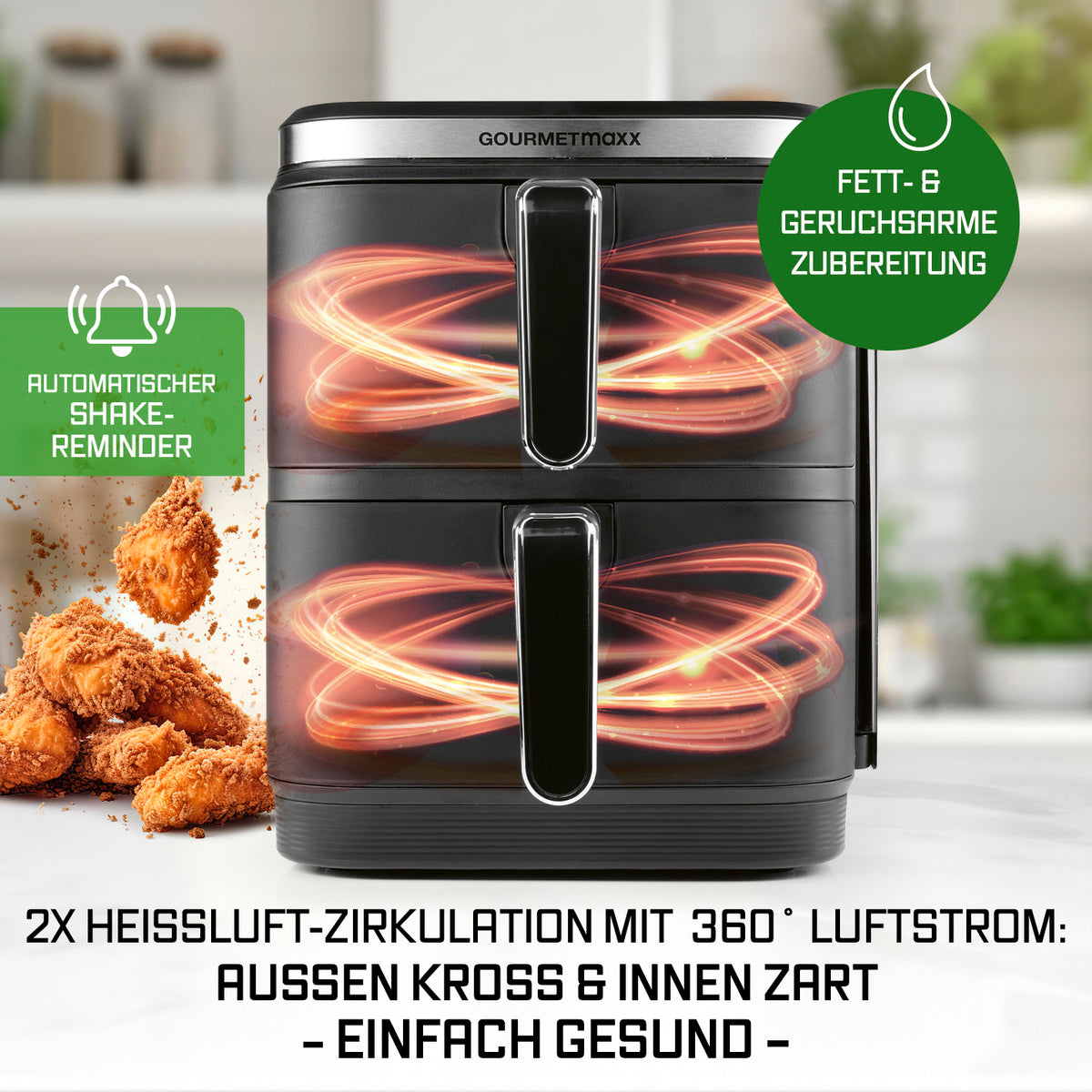 FryUp Vertikale Doppelkammer-Heißluftfritteuse mit 2x 5 l, 360° Heißluftzirkulation, fettarmer und geruchsarmer Zubereitung, platzsparend.