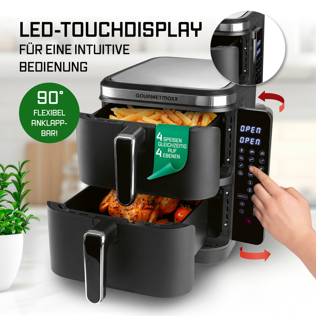 FryUp Vertikale Doppelkammer-Heißluftfritteuse mit LED-Touchdisplay, 2x 5 l Volumen, 4 Ebenen für bis zu 8 Personen.