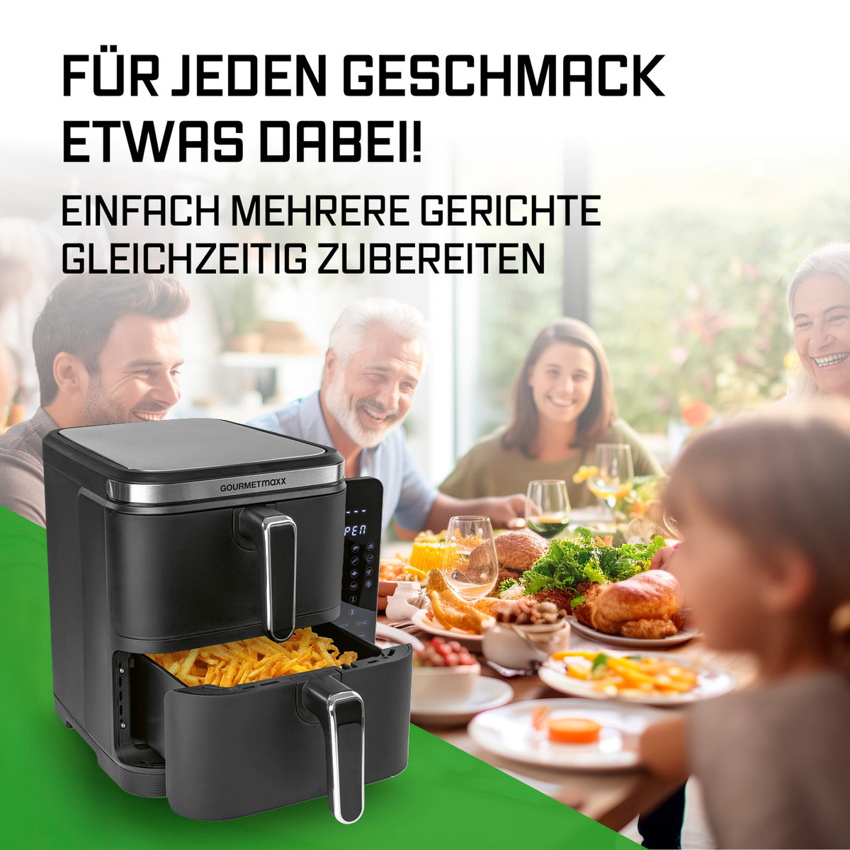FryUp Vertikale Doppelkammer-Heißluftfritteuse - 2x 5 l für gleichzeitige Zubereitung mehrerer Gerichte für die Familie.
