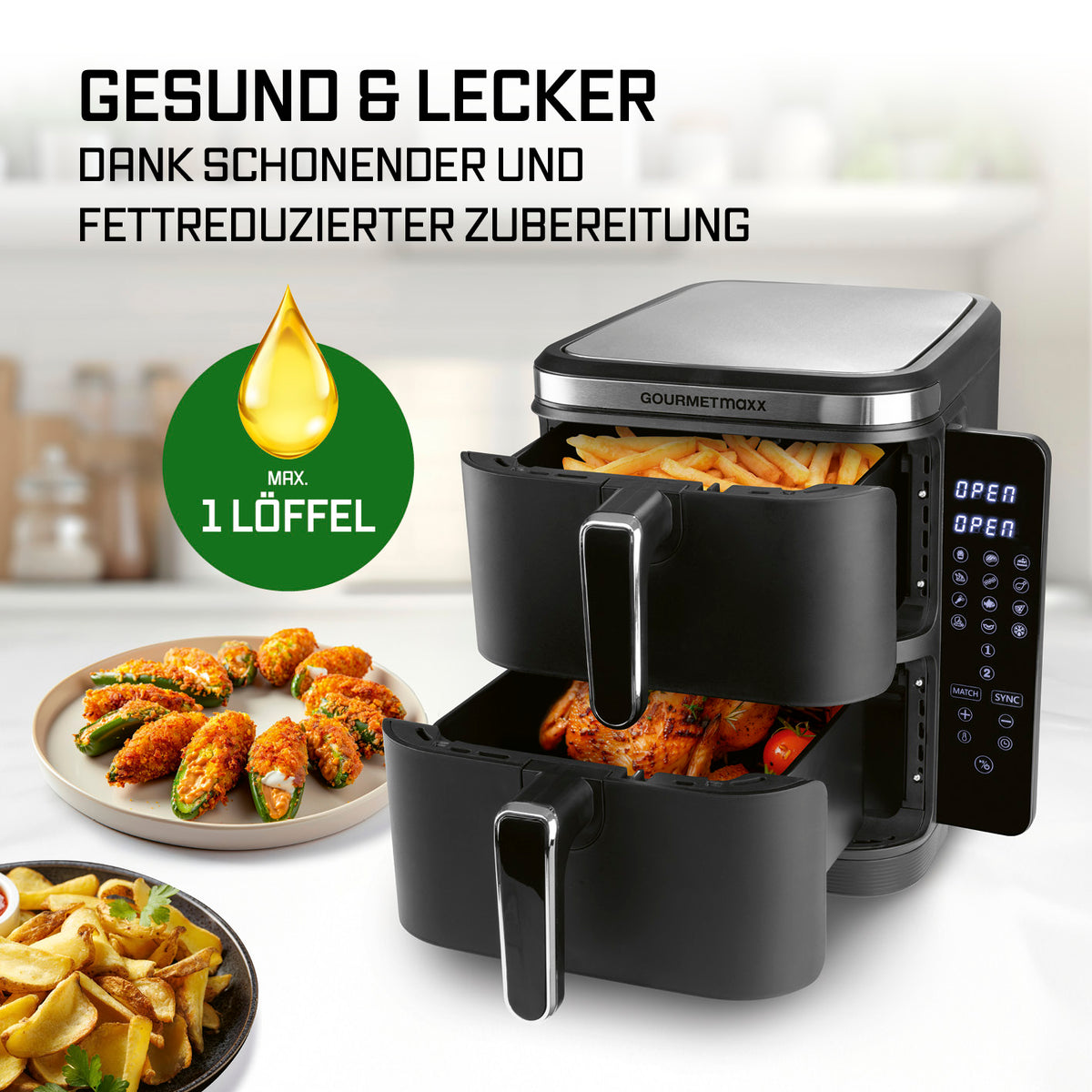 FryUp Vertikale Doppelkammer-Heißluftfritteuse - 2x 5 l mit fettreduzierter Zubereitung, 2 Kammern und digitalem Bedienfeld.