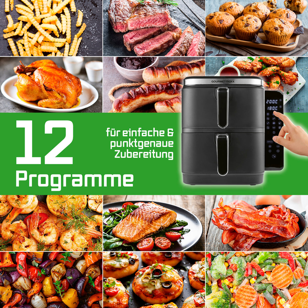 FryUp Vertikale Doppelkammer-Heißluftfritteuse - 12 Programme, 2 Frittierkammern, vielseitig für Fleisch, Gemüse, Snacks und Gebäck.