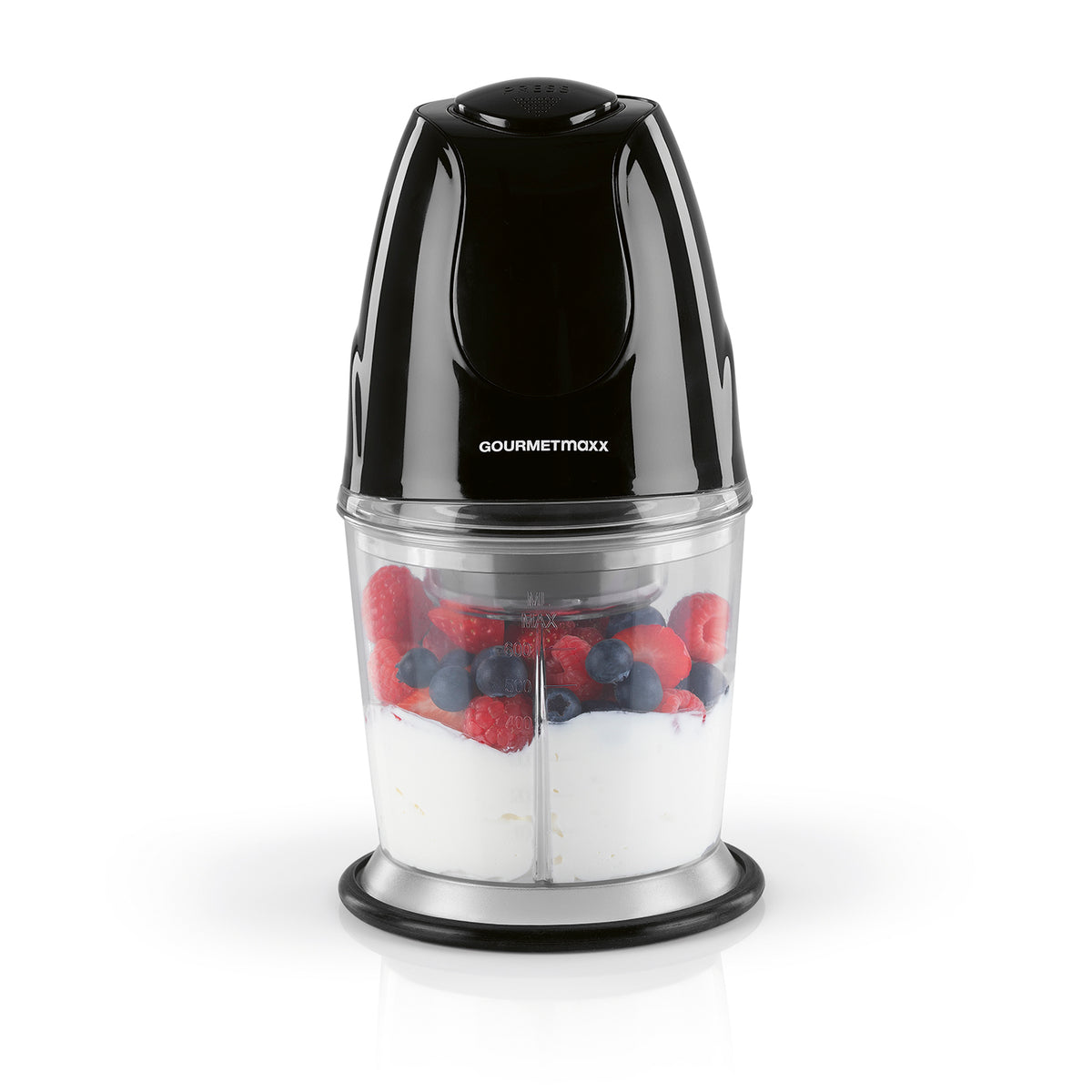 Multi-Zerkleinerer mit 2 Edelstahl-Doppelklingen schwarzer Zerkleinerer mit Beeren und Joghurt