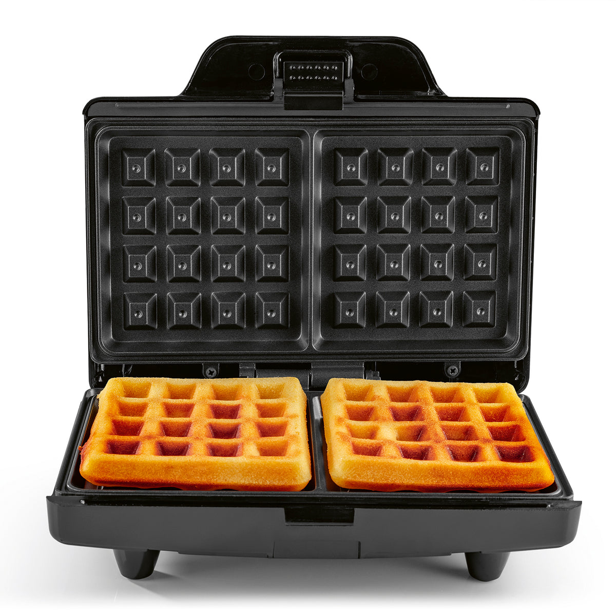 Waffeleisen für 2 Belgische Waffeln mit zwei goldbraunen Waffeln im geöffneten Gerät