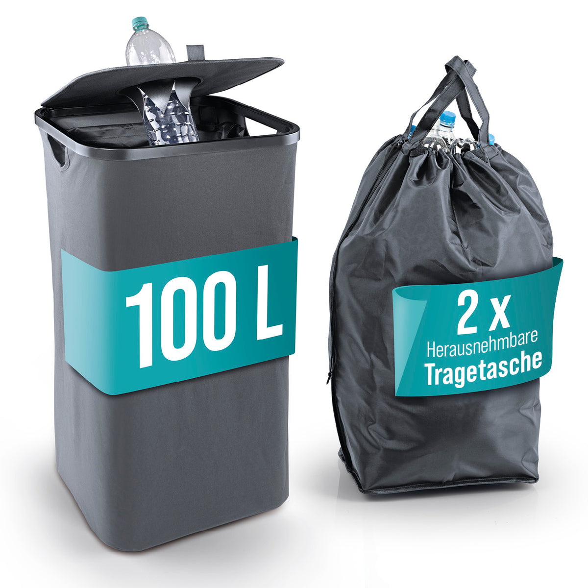 Pfandflaschen-Sammelbehälter - Anthrazit mit 100 Liter Fassungsvermögen und 2 herausnehmbaren Tragetaschen zum einfachen Transport.